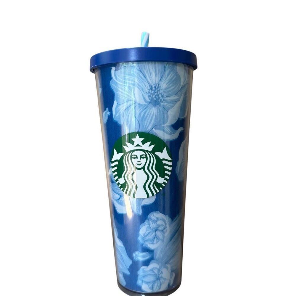 Starbucks 24Oz Acrylic Tumbler Blue White Floral Cactus Flower Lid Coffee